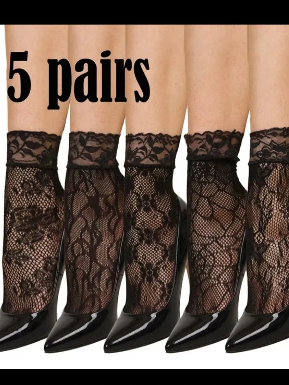 Lace Sheer Ankle Socks - Black (5 Pairs)